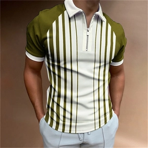 Men's Fashion Casual Striped Polo Shirt Short Sleeve Zipper Lapel Golf Top Color Block Breathable Patchwork Summer Shirt