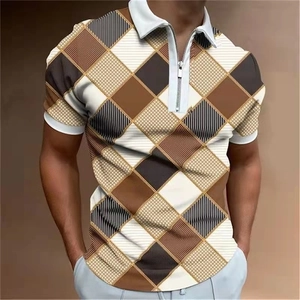 Detail of men's polo shirt featuring a zip collar and brown argyle chain pattern