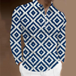 Detail of men's polo shirt featuring blue geometric diamond 3D patterns and zipper collar