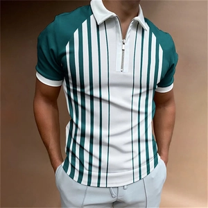 Men's summer striped zip Polo shirt in dark green and white with a slim fit