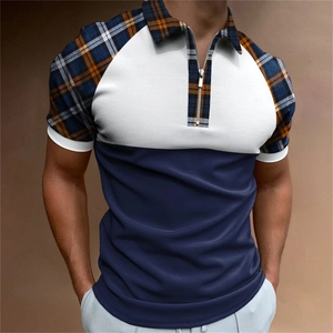 Detailed view of men's polo shirt with zipper collar and blue-white color-block design