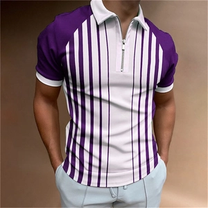 Men's purple striped polo shirt with quarter zip collar and short raglan sleeves