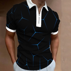 Close-up of modern men's black polo shirt with zipper and blue geometric pattern