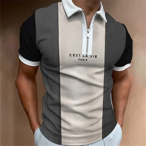 Men's striped short sleeve polo shirt with zipper collar and Paris graphic print