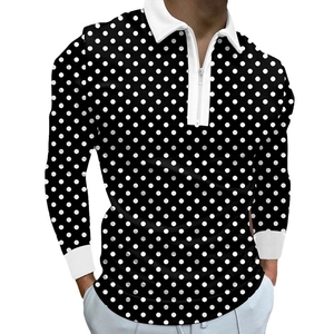 Men's long sleeve polo shirt with black and white polka dot 3D print and zipper neck