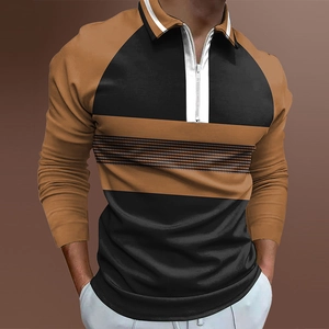 Close-up of color block men's long sleeve polo shirt with zipper neck and grid texture