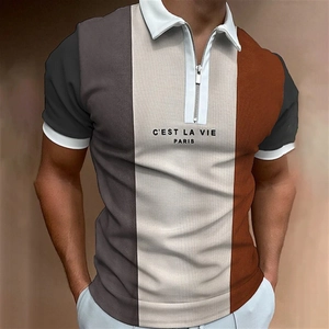 Detail of the half-zipper collar and three-color vertical stripe knit texture on polo shirt