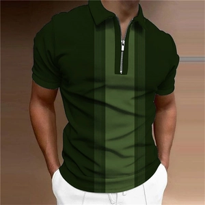 Detail of dark green men's polo shirt featuring a vertical stripe zipper collar design