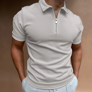 Detail of light gray slim-fit polo shirt featuring a modern silver metal zipper neckline