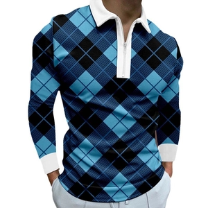 Men's casual long sleeve polo shirt with blue diamond 3D print and zipper neck