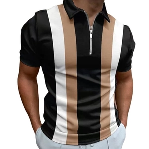 Detail of men's polo shirt with zip collar and black white brown striped pattern