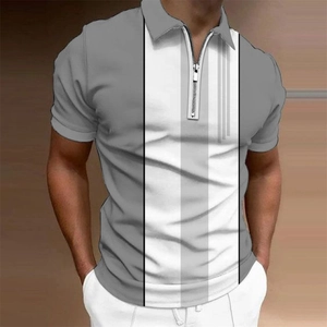 Detail view of men's polo shirt with vertical grey stripes and a functional zipper neckline