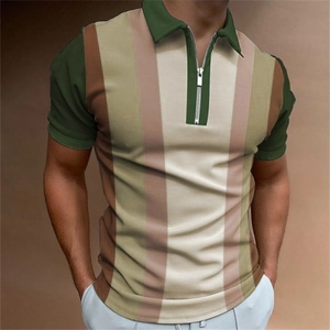 Detail view of men's polo shirt showing retro vertical stripes and half-zip collar