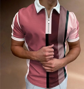 Detail of men's polo shirt featuring a silver metal zipper neckline and colorful stripes