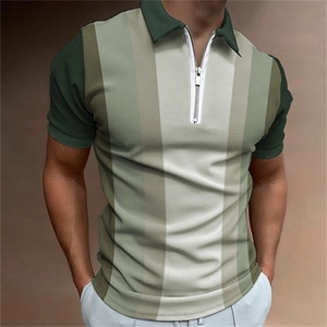Close-up of men's polo shirt featuring green vertical stripes and a half-zip neckline detail
