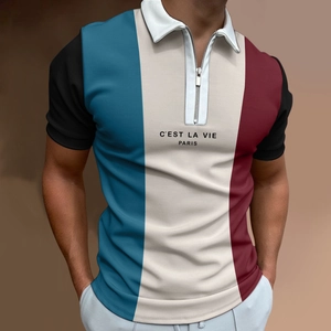 Detail of men's polo shirt featuring a three-color block design and a zip neckline