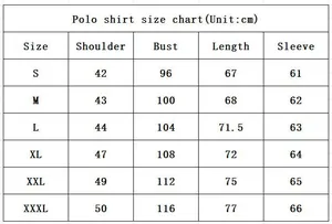 Detailed size chart for men's long sleeve polo shirt showing measurements in centimeters