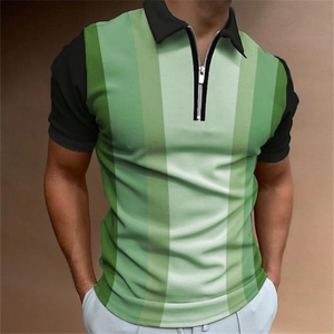 Detail of the zipper neckline and green gradient stripes on a slim fit men's polo shirt