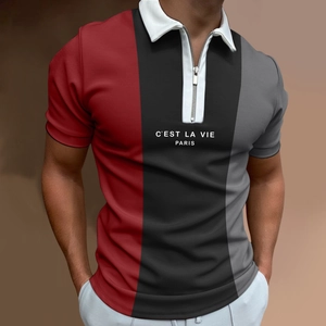 Detail of men's polo shirt with red, black, grey vertical panels and zipper collar