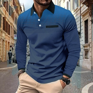 Men's Casual Long Sleeve Polo Shirt Gradient Polka Dot Print Contrast Turn-down Collar Breathable Urban Sporty Fashion Tops