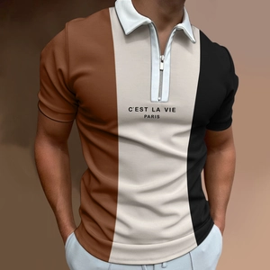 Close-up of three-color vertical panel Polo shirt with silver zipper and Paris text print