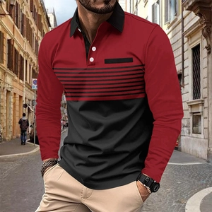 Men's Casual Long Sleeve Polo Shirt Contrast Striped Color Block Patchwork Sporty Polo Top For Men Fashion Clothing