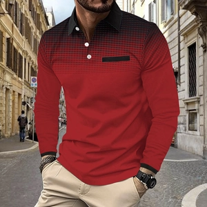 Men's red long sleeve polo shirt with black gradient polka dots and chest pocket