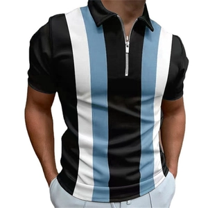 Detail of men's slim fit polo shirt featuring vertical stripes and metal zipper neckline