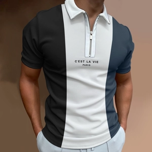 Detail showing contrast vertical patchwork and zipper polo collar with Paris graphic