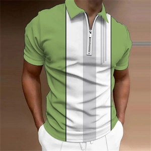 Detailed view of the green and white striped Polo shirt with a modern zipper neckline