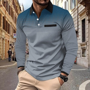 Men's slim long-sleeve Polo shirt featuring blue to grey gradient dot print and black collar