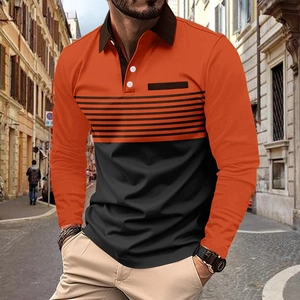 Men's long sleeve polo shirt with orange black color block stripes and polo collar