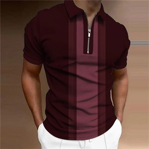 Detail of burgundy striped polo shirt featuring vertical gradients and a half-zipper collar