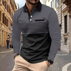 Men's long sleeve polo shirt featuring a grey and black color block design with stripes