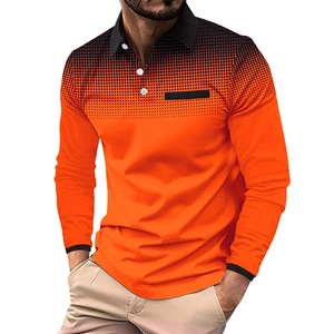 Men's long sleeve orange polo shirt with black gradient dots and contrast collar