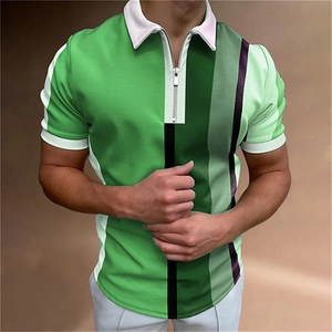 Detailed view of the men's green striped polo shirt featuring a metal zipper neckline