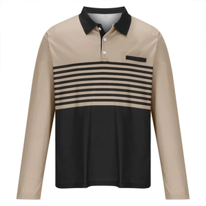 Men's long sleeve polo shirt featuring khaki contrast stripes and sporty polo collar