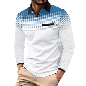 Men's long sleeve polo shirt with blue and white gradient dot pattern and black collar