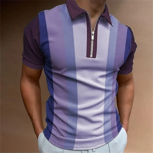 Detail view of the modern purple striped pattern and silver zipper on men polo shirt