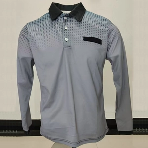 Close-up of grey gradient long sleeve Polo shirt with black contrast collar and buttons