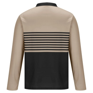 Men's long sleeve polo shirt featuring khaki and black color blocking with striped detail
