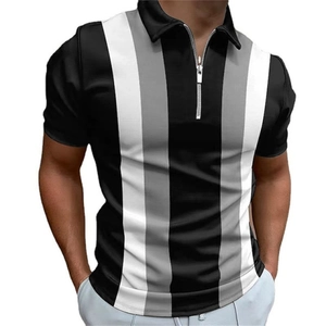 Detail of men's polo shirt featuring a metal 1/4 zip and vertical striped pattern