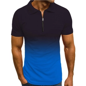 Detail of men's polo shirt featuring a black-to-blue gradient and metal zipper neckline
