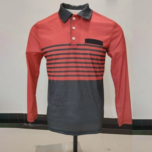 Close-up of three white buttons and black faux pocket on red-black polo shirt