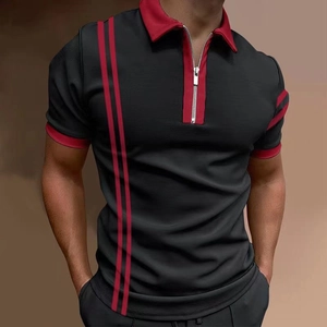 Close-up of men's polo shirt featuring a red zipper collar and striped sleeve detail