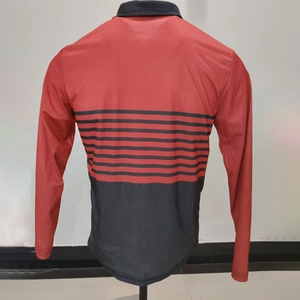Back view of a long sleeve polo shirt featuring red and black color block striped design