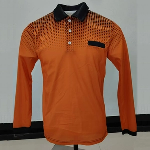 Detail view of orange long-sleeve polo shirt with black gradient dot print on shoulders