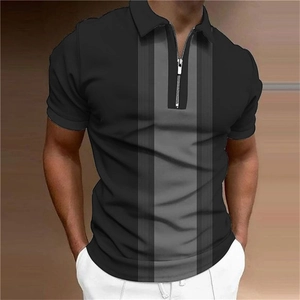 Close-up of men's black polo shirt featuring grey vertical stripes and silver zipper collar