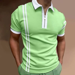 Close-up of men's polo shirt with light green fabric, white stripes and metal zipper detail
