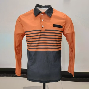 Detail of long-sleeved men's polo shirt with orange and black patchwork and striped patterns